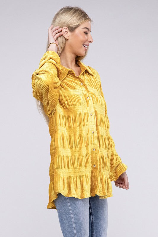 Wrinkle Effect Tiered Shirring Velvet Shirt - BiBi