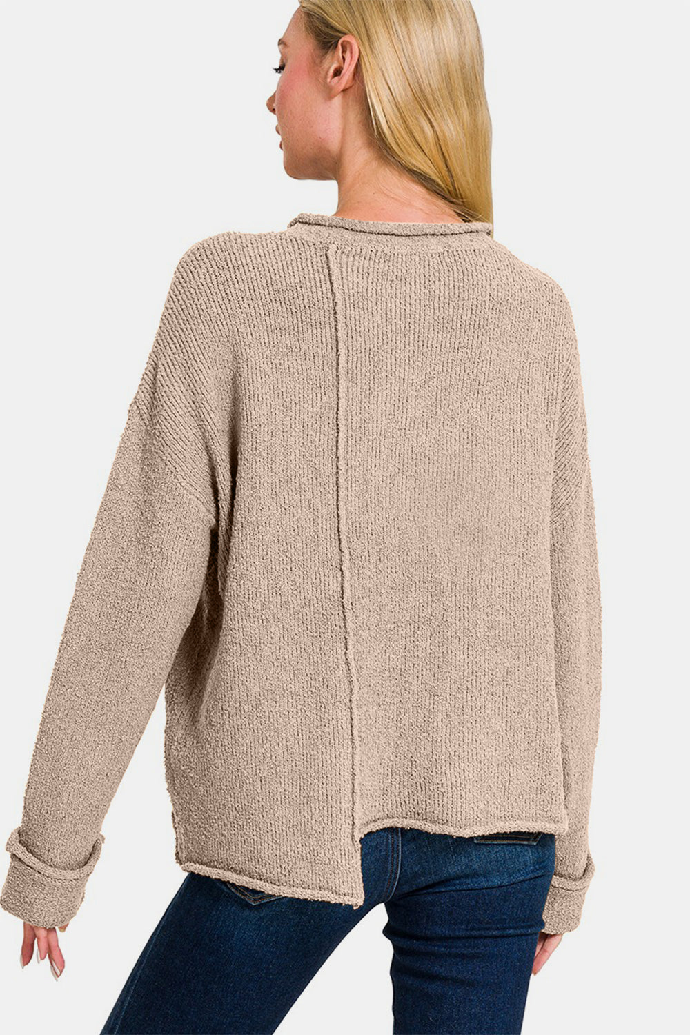 Zenana Asymmetric Hem Drop Shoulder Sweater - Ash Mocha