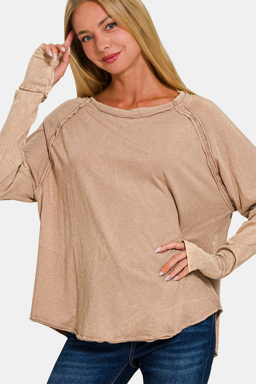 Zenana Round Neck Thumbhole Long Sleeve T-Shirt - Ash Mocha