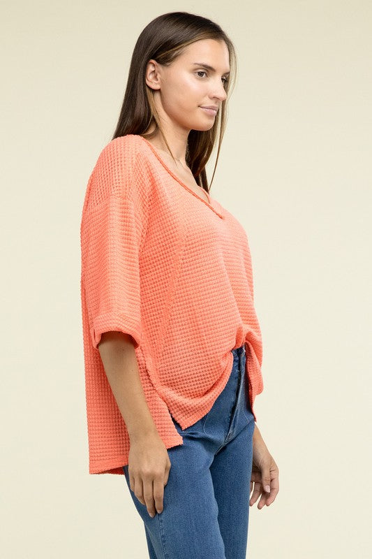 Brushed Waffle Exposed-Seam 3/4 Sleeve Top - Zenana