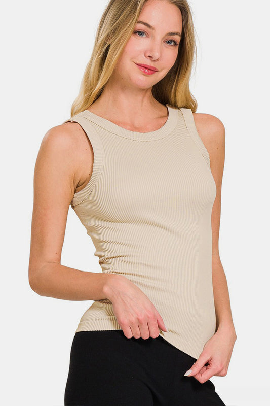 Zenana 2 Way Neckline Washed Ribbed Tank - Sand Beige