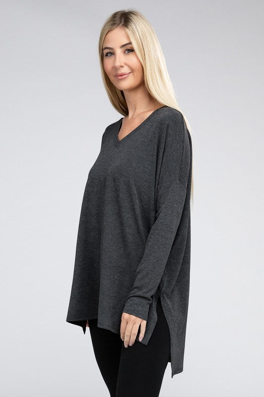 Dolman Long Sleeve V-Neck Side Slit Hi-Low Hem Top - Zenana