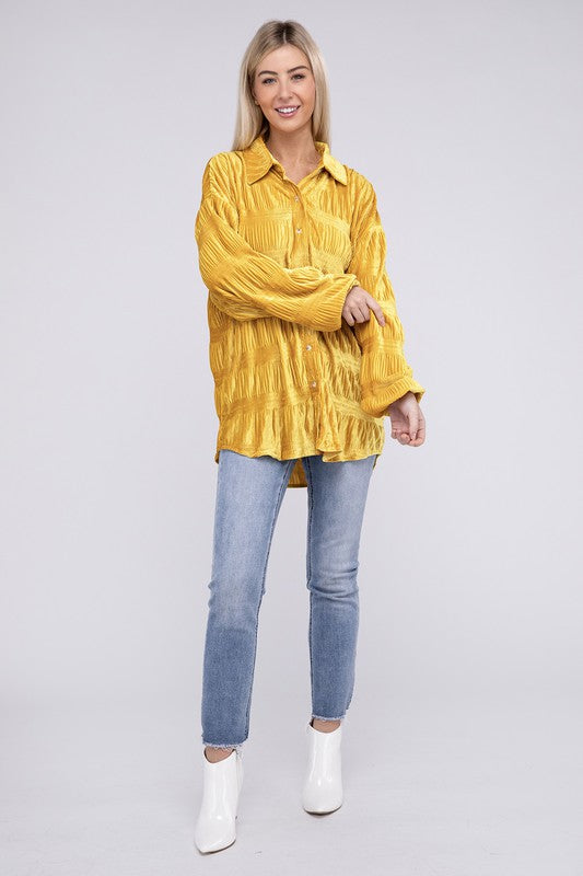 Wrinkle Effect Tiered Shirring Velvet Shirt - BiBi