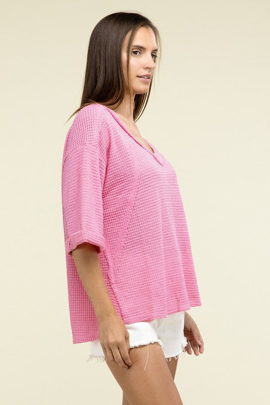 Brushed Waffle Exposed-Seam 3/4 Sleeve Top - Zenana