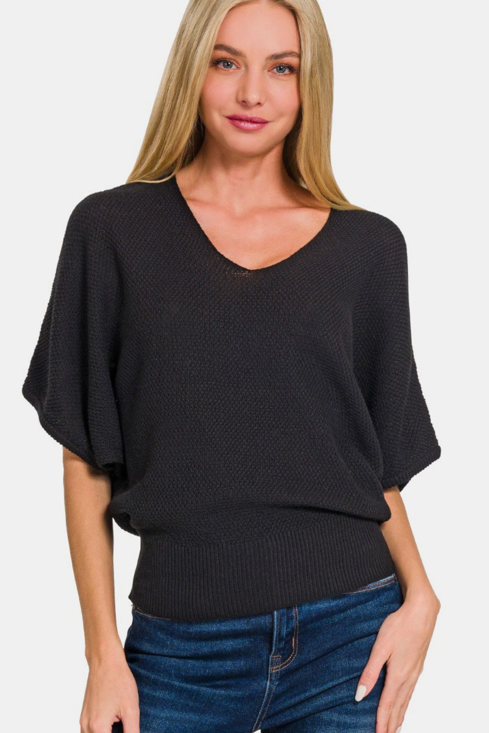 Zenana V-Neck Short Sleeve Dolman Sweater - Black