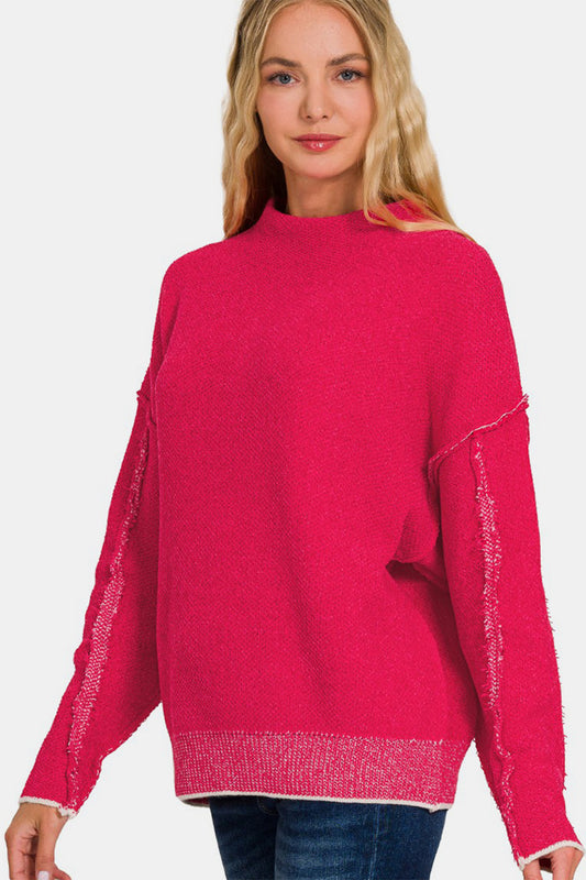 Zenana Exposed Seam Mock Neck Long Sleeve Sweater - Viva Magenta