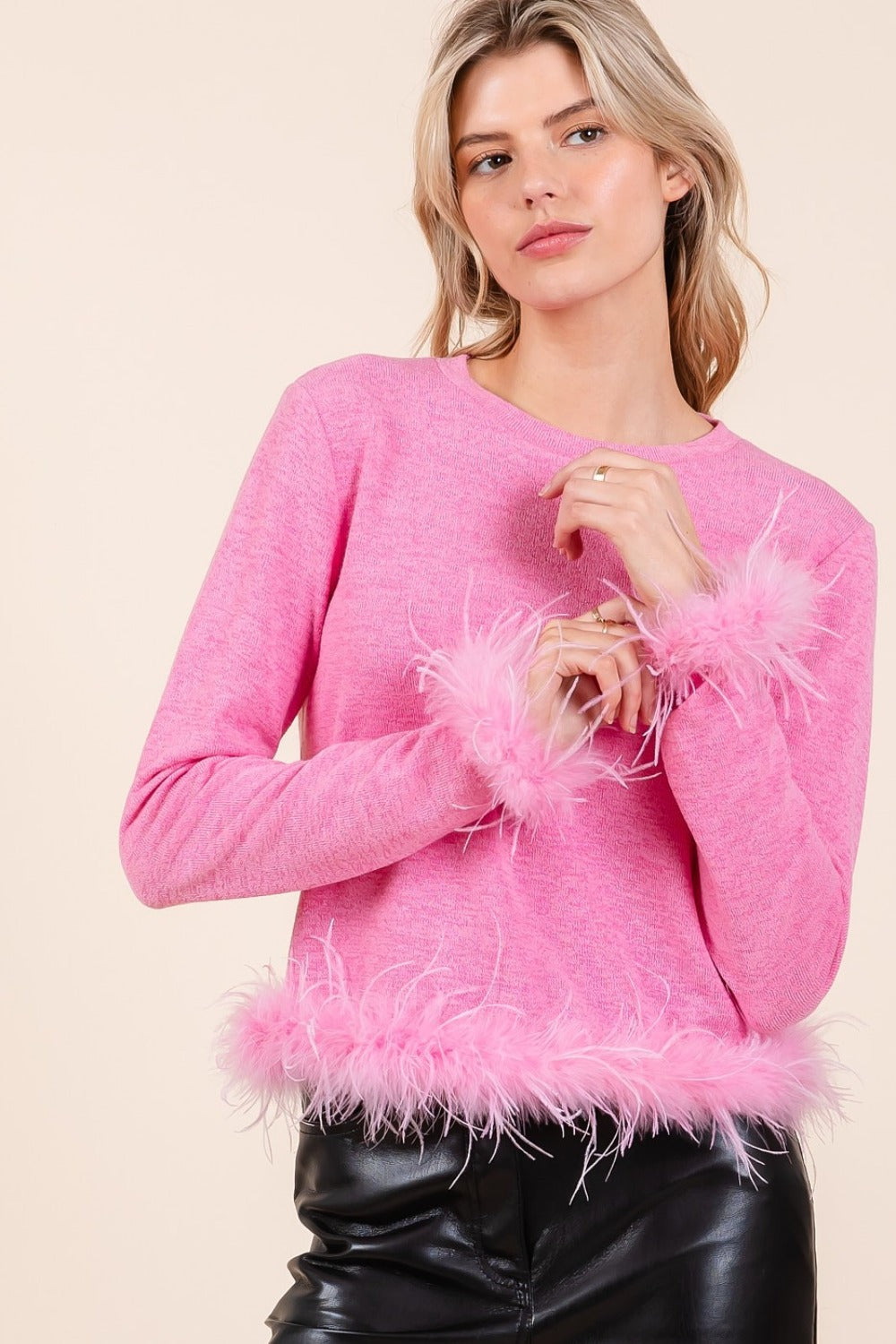 Mittoshop Feather Trim Long Sleeve Crop Hacci Knit Top - Bubble Gum