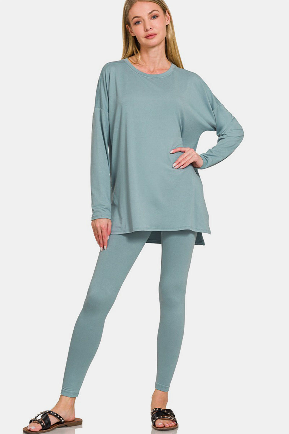 Zenana Full Size Brushed Microfiber Top and Leggings Lounge Set - Blue Grey