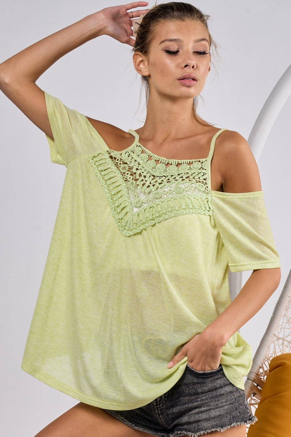 BiBi Front Crochet Lace Adjustable Strap Top - Lime