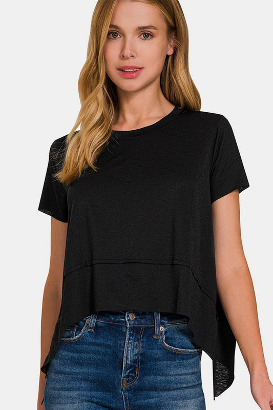 Zenana Slit High-Low Round Neck T-Shirt - Black