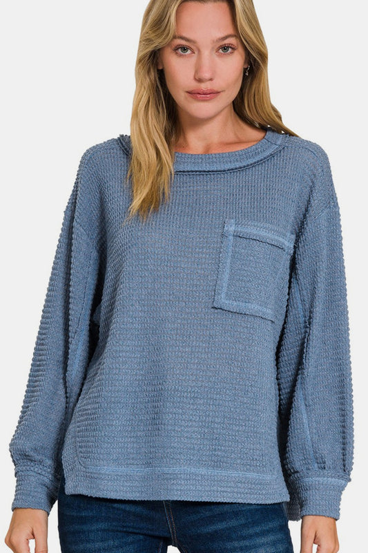 Zenana Exposed Seam Side Slit Long Sleeve Top - Dusty Blue