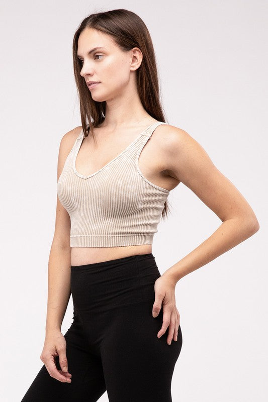 Washed Ribbed Cropped V-Neck Tank Top - Zenana