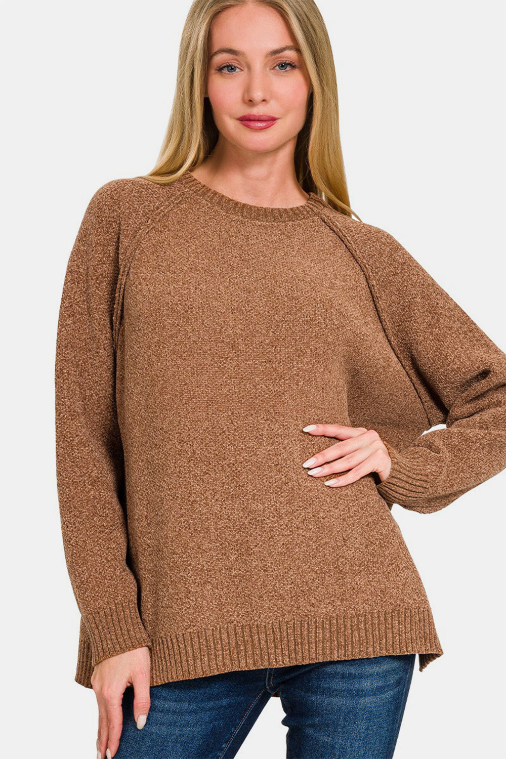 Zenana Side Slit Raglan Sleeve Sweater - Deep Camel