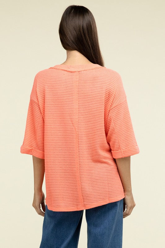 Brushed Waffle Exposed-Seam 3/4 Sleeve Top - Zenana