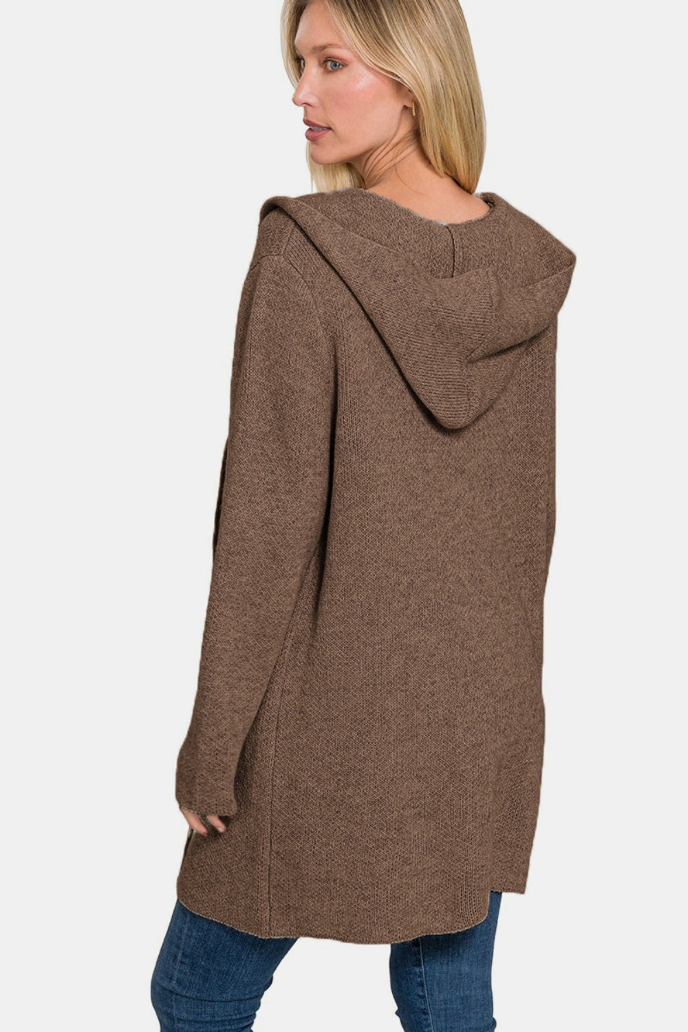 Zenana Hooded Open Front Sweater Cardigan - Brown