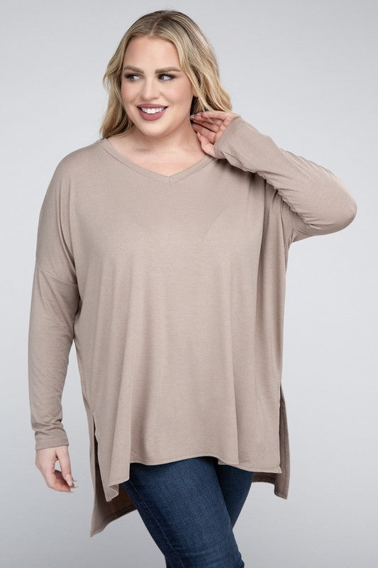 Plus Dolman Sleeve V-Neck Side Slit Hi-Low Hem Top - Zenana