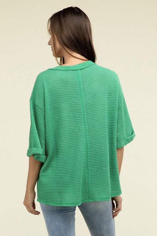 Brushed Waffle Exposed-Seam 3/4 Sleeve Top - Zenana