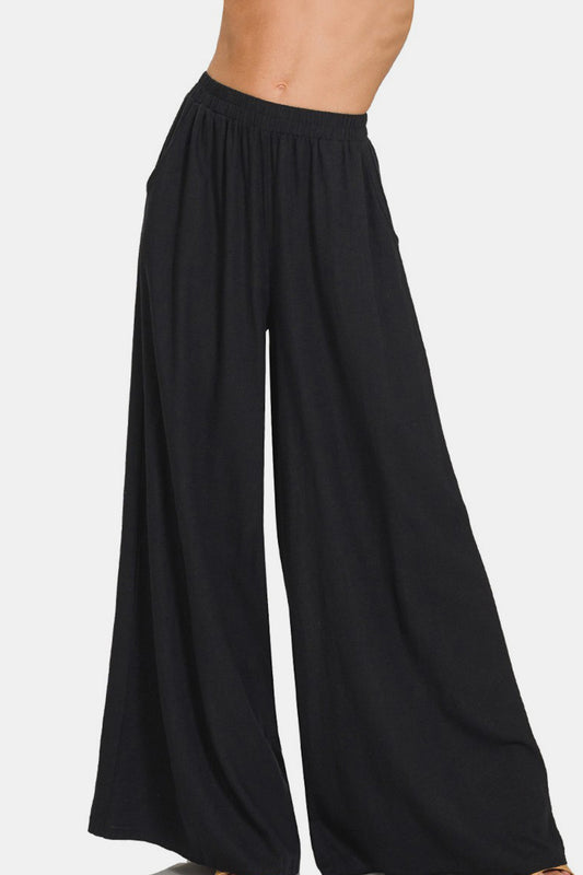 Zenana Pleated Linen Blend Wide Leg Pants - Black