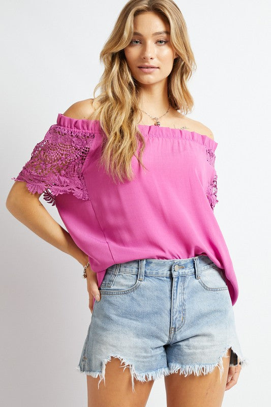 Crochet Lace Sleeveless Accent Off Shoulder Top - Davi & Dani