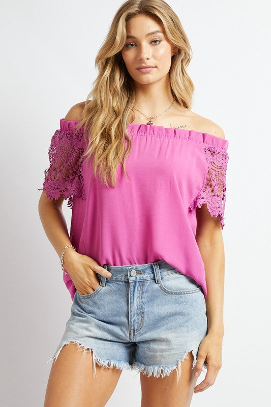 Crochet Lace Sleeveless Accent Off Shoulder Top - Davi & Dani