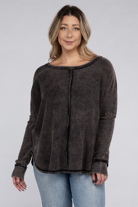 Plus Washed Baby Waffle Oversized Long Sleeve Top - Zenana