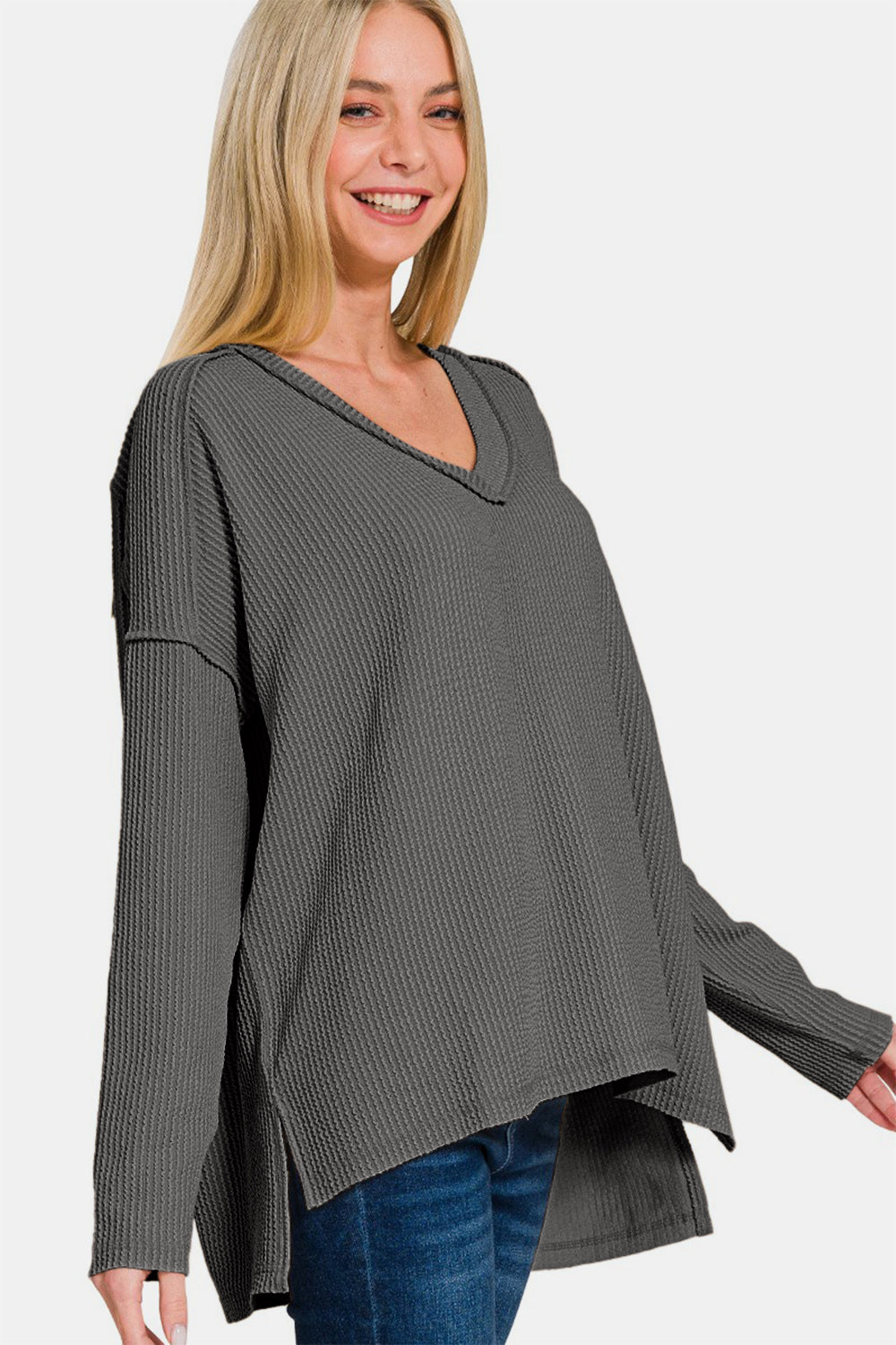 Zenana Texture Exposed Seam V-Neck Long Sleeve T-Shirt - Charcoal