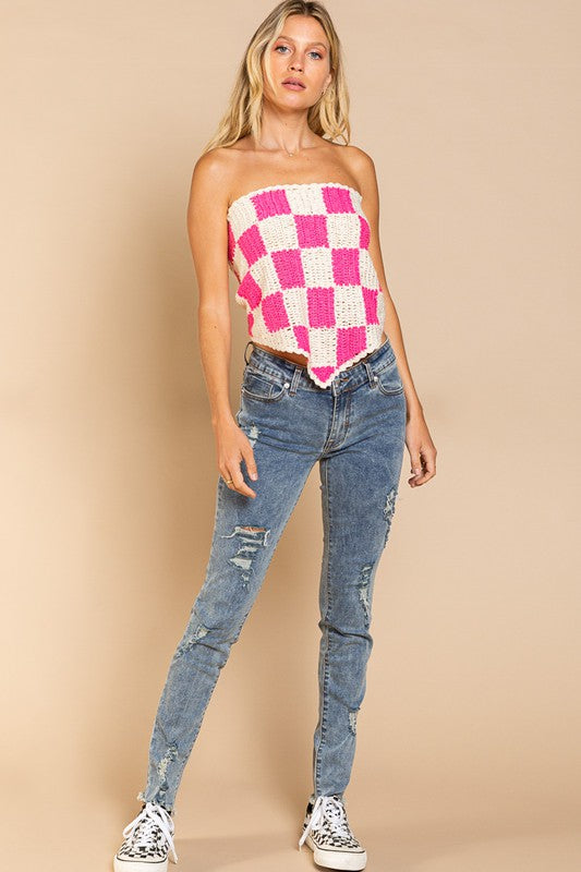 Checkerboard Pattern Tube Top Sweater - POL