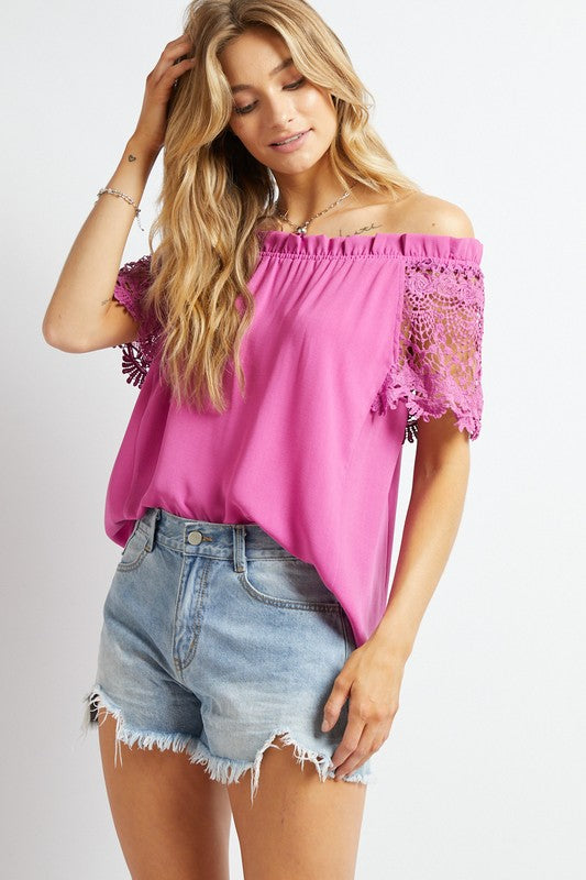 Crochet Lace Sleeveless Accent Off Shoulder Top - Davi & Dani