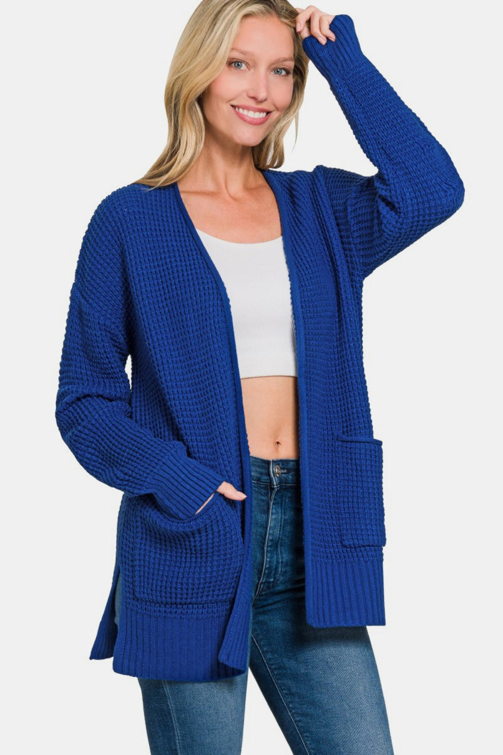 Zenana Waffle Open Front Sweater Cardigan - Light Navy