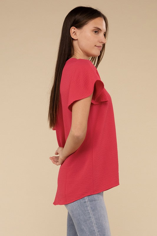 Woven Airflow Flutter Sleeve Top - Zenana