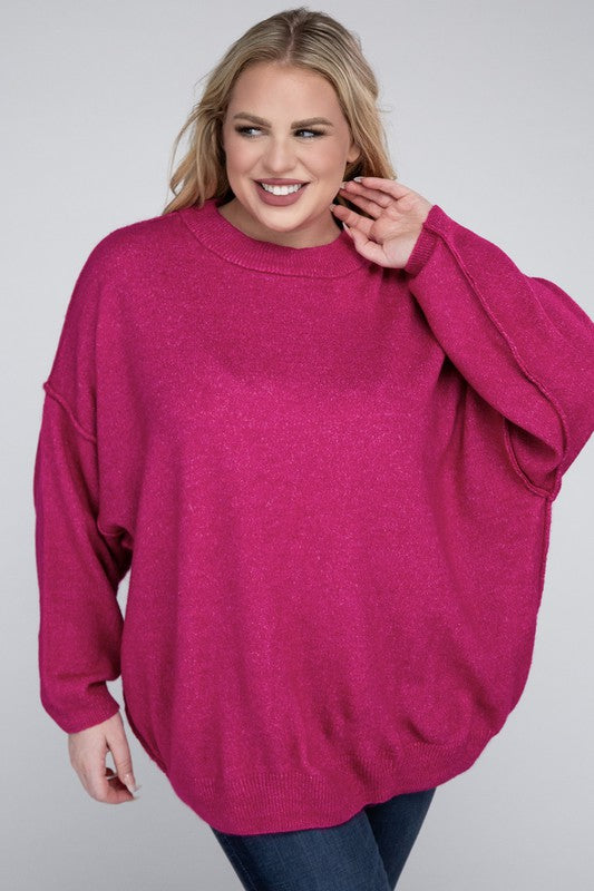 Plus Oversized Round Neck Raw Seam Melange Sweater - Zenana