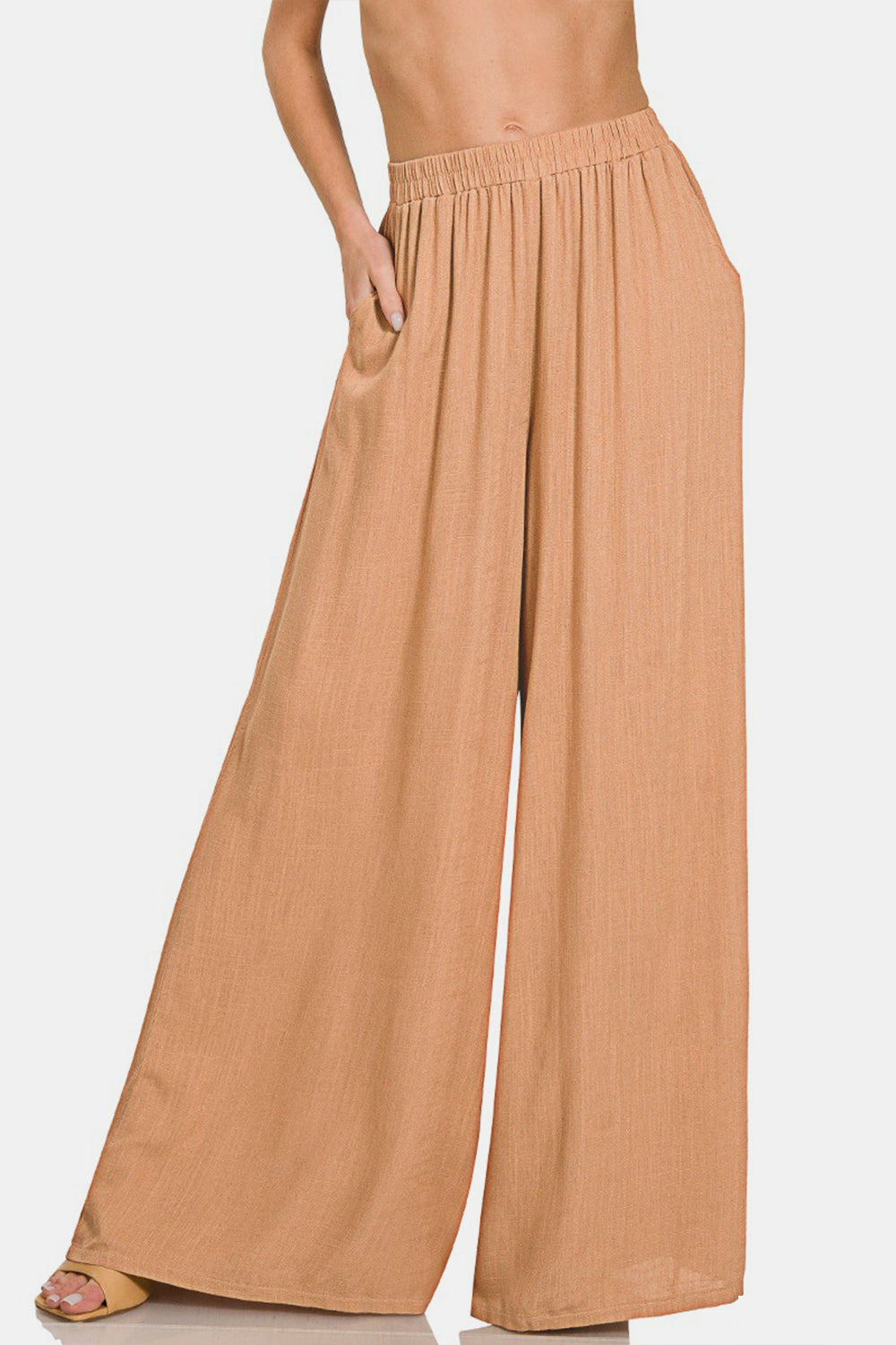 Zenana Pleated Linen Blend Wide Leg Pants - Dk Brush