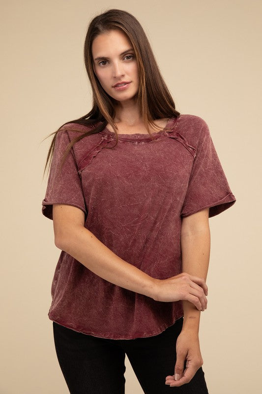 Back Patch Crinkle Washed Raglan Sleeve T-Shirt - Zenana