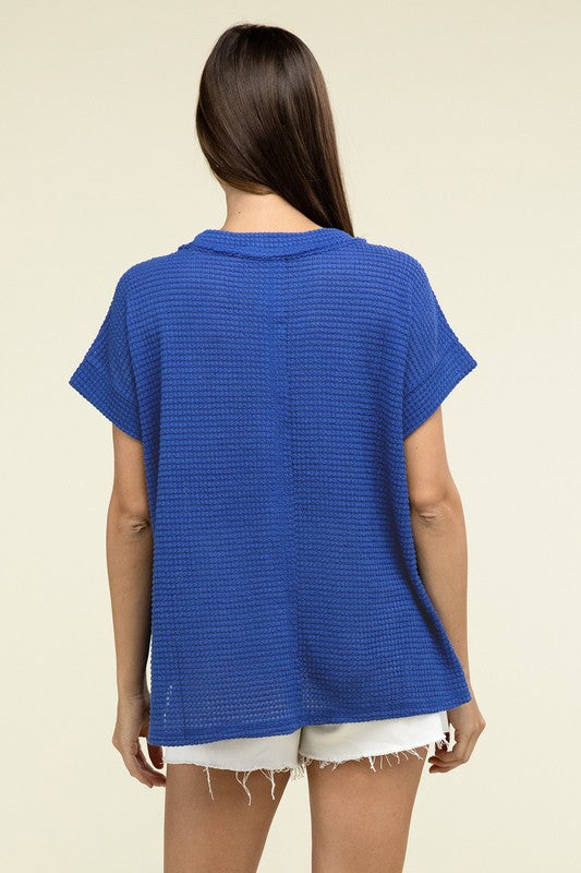 Brushed Waffle Exposed-Seam Short Sleeve Top - Zenana