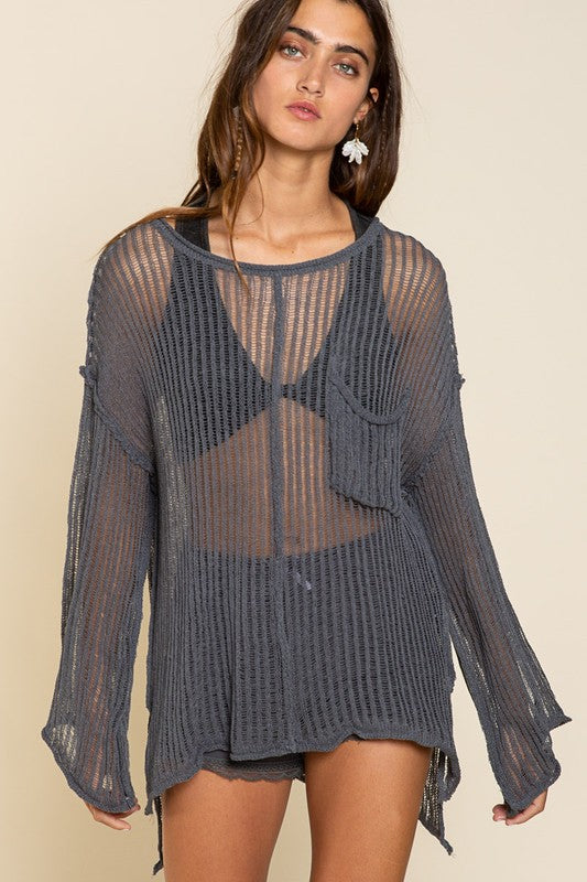 Loose Fit See-through Boat Neck Sweater - POL