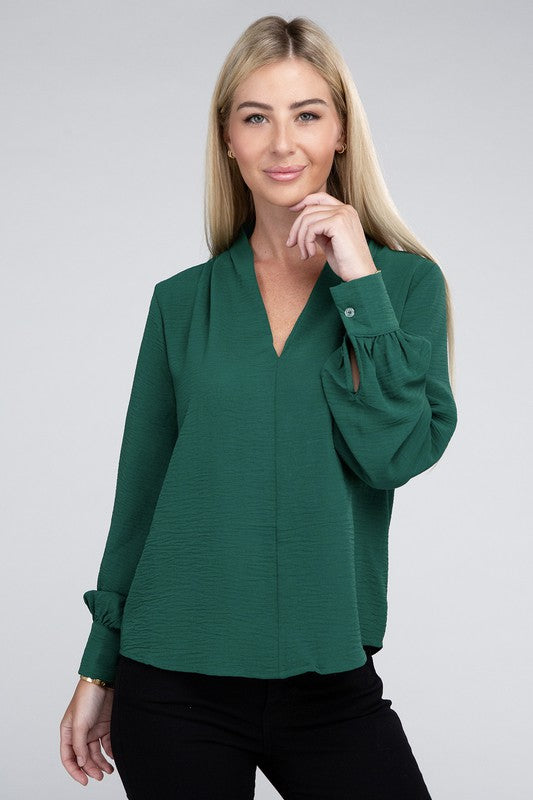 Woven Airflow V-Neck Long Sleeve Top - Zenana