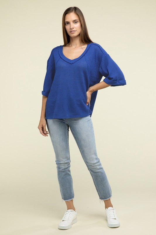 Brushed Waffle Exposed-Seam 3/4 Sleeve Top - Zenana