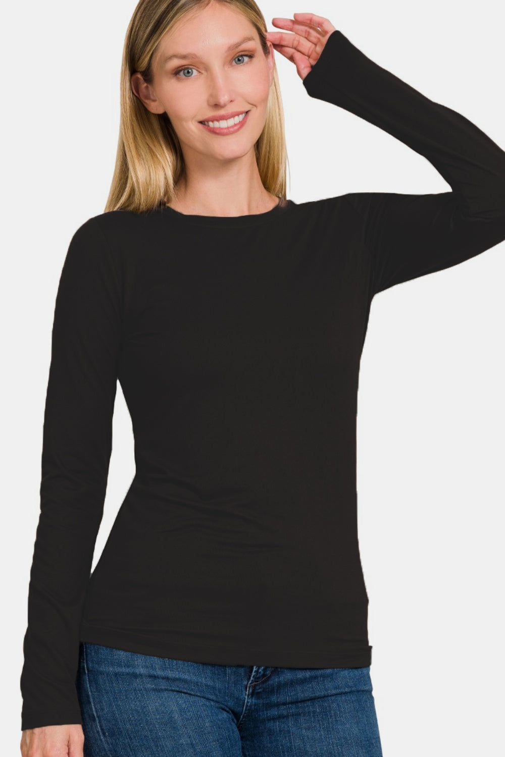 Zenana Ful Size Brushed Microfiber Long Sleeve Round Neck T-Shirt - Black