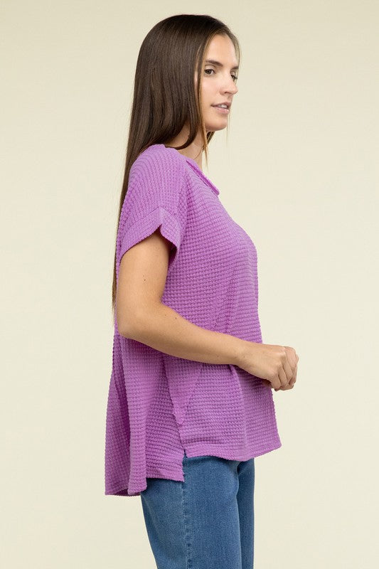 Brushed Waffle Exposed-Seam Short Sleeve Top - Zenana