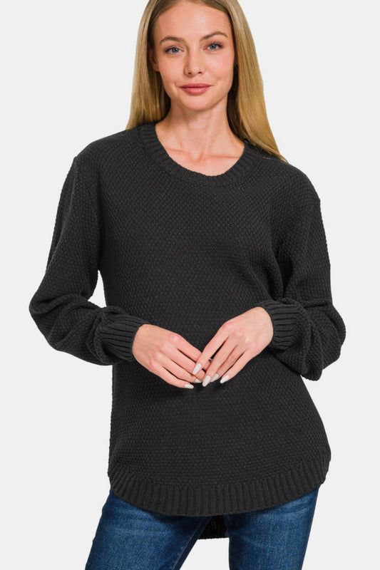 Zenana Ful Size Round Neck Long Sleeve Curved Hem Sweater - Black