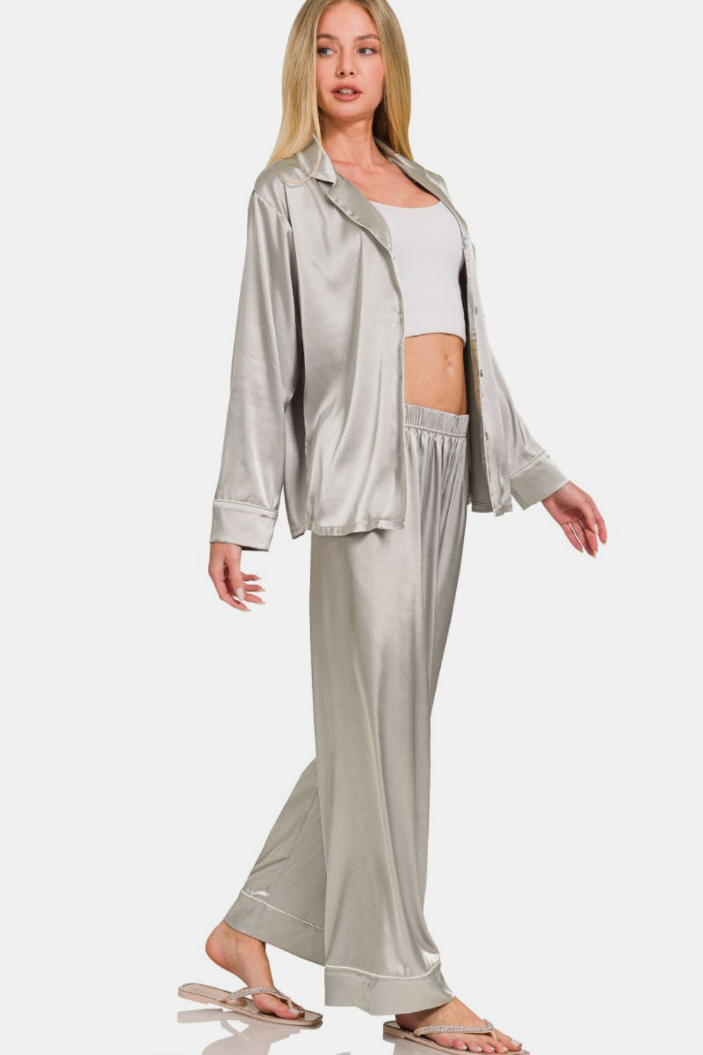 Zenana Satin Long Sleeve Shirt and Pants Pajama Set - Silver