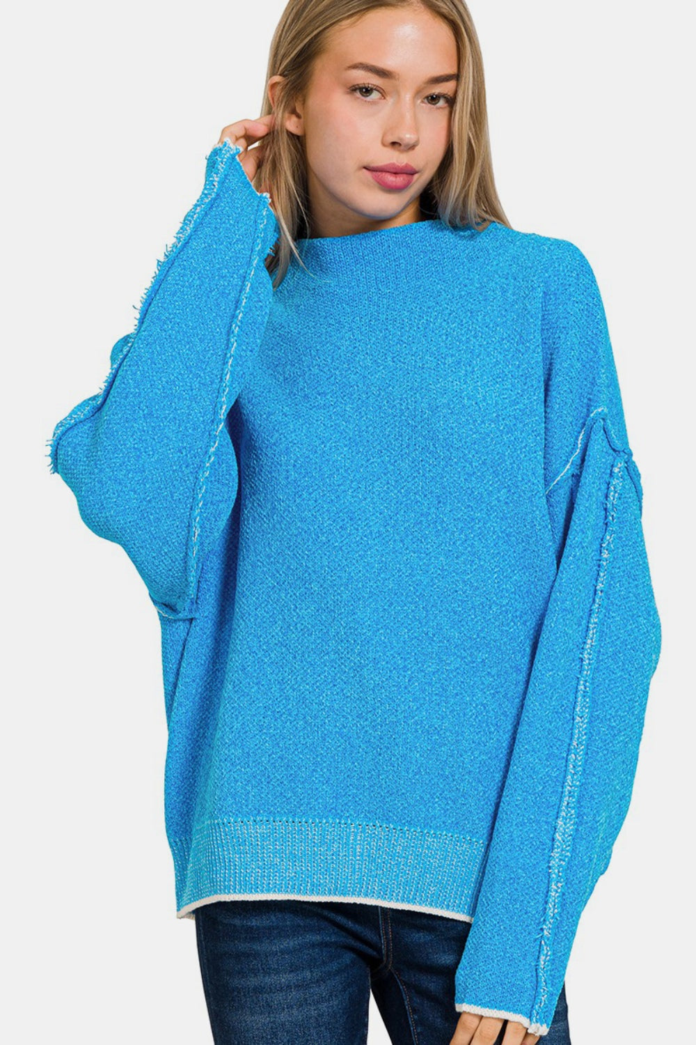 Zenana Exposed Seam Mock Neck Long Sleeve Sweater - Deep Sky