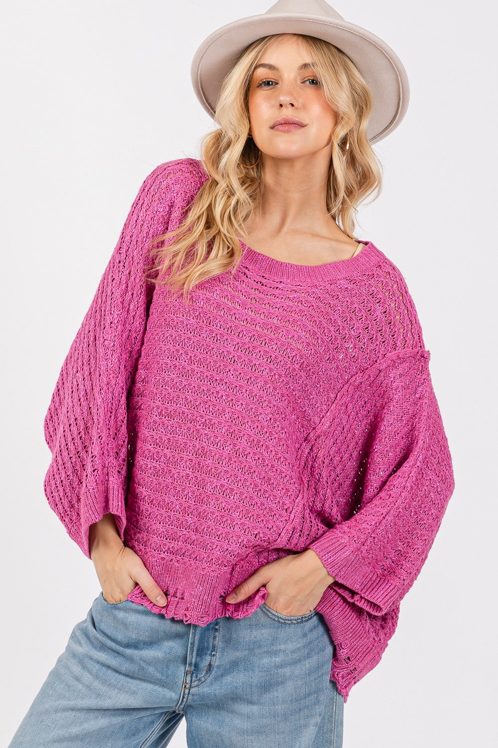 SAGE + FIG Distressed Asymmetrical Open Stitch Sweater - Magenta