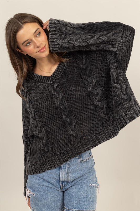 HYFVE Cable Knit V-Neck Dropped Shoulder Oversized Sweater - Charcoal