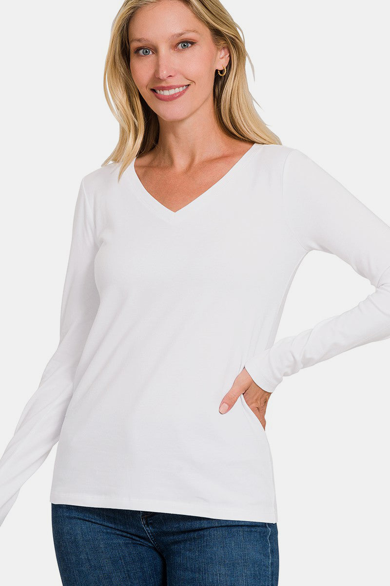 Zenana Full Size V-Neck Long Sleeve T-Shirt - White