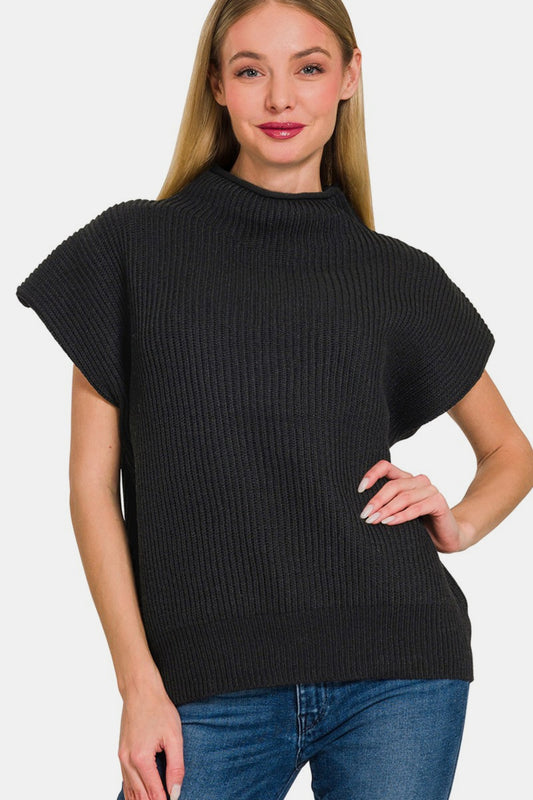 Zenana Short Sleeve Mock Neck Sweater - Black