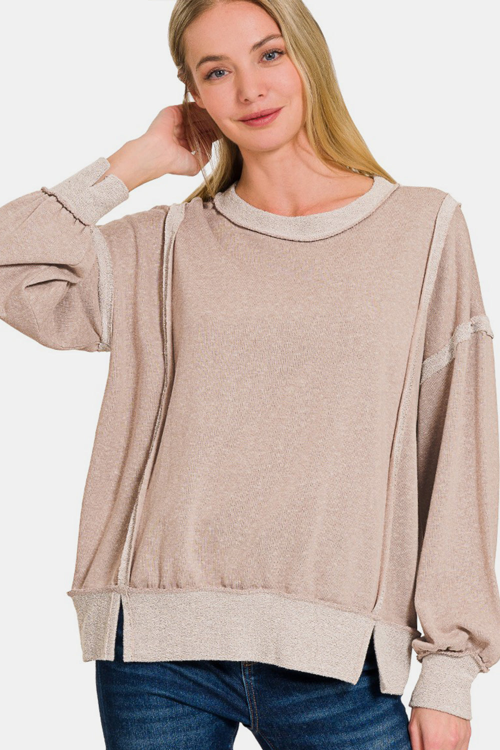 Zenana Washed Exposed-Seam Sweatshirt - Ash Mocha