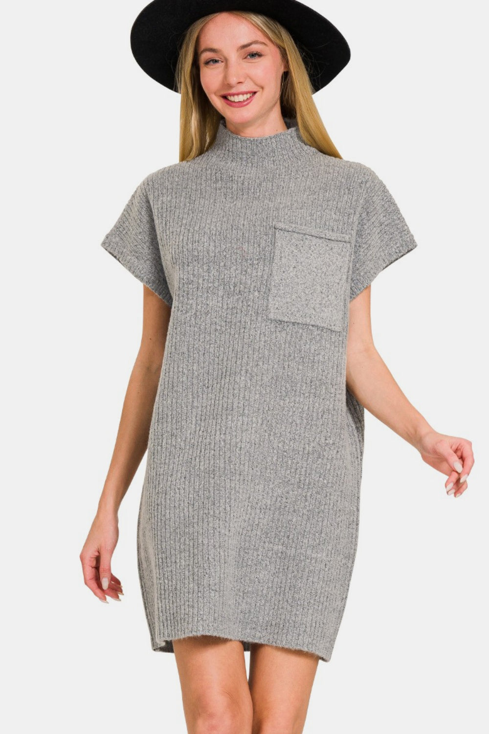 Zenana Short Sleeve Sweater Mini Dress - Grey