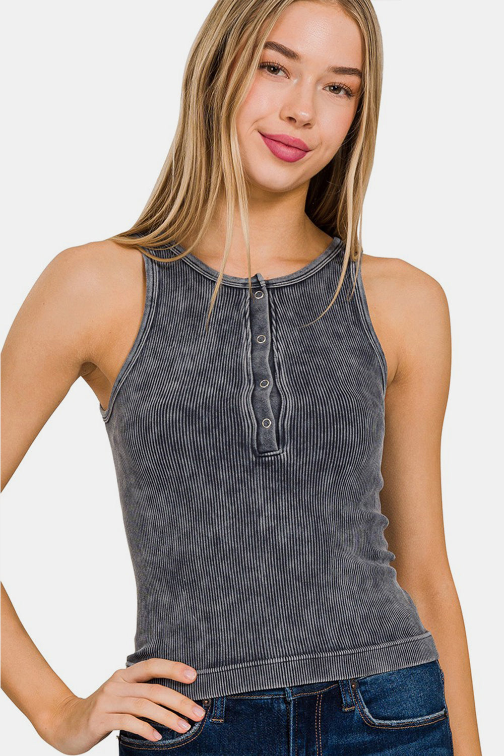 Zenana Washed Ribbed Half Snap Seamless Tank - Ash Black