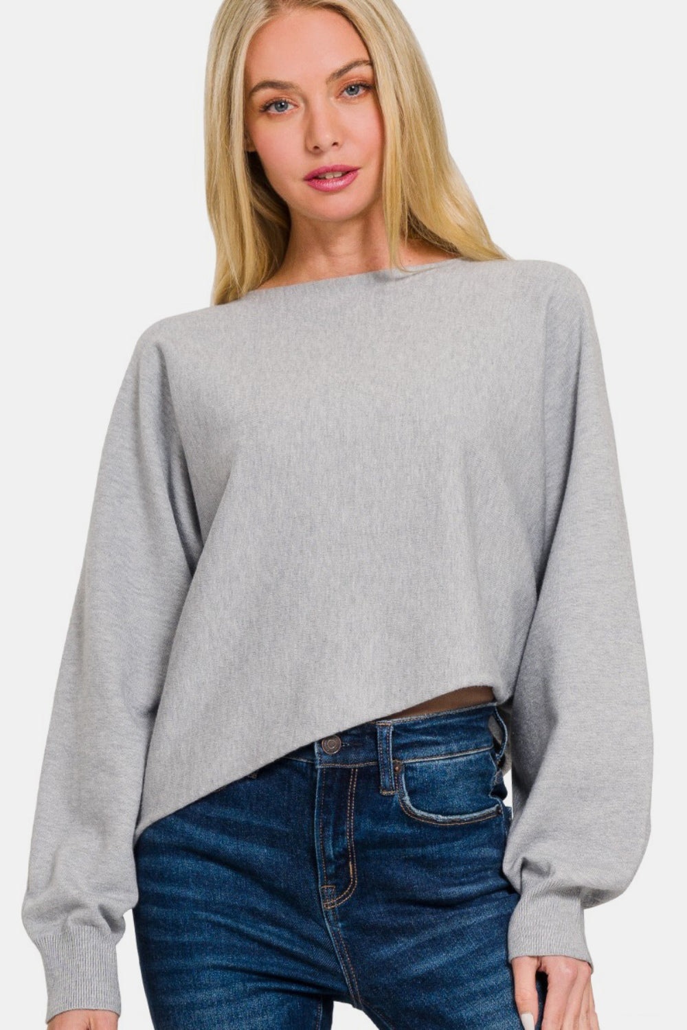 Zenana Asymmetric Hem Long Sleeve Sweater - Grey